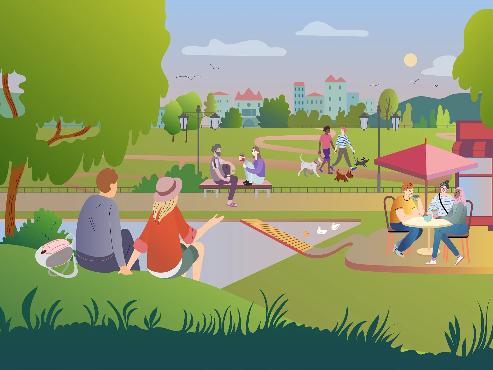 Serene Community Park Leisure Scene with Relaxing Individuals in Colorful Clipart Style