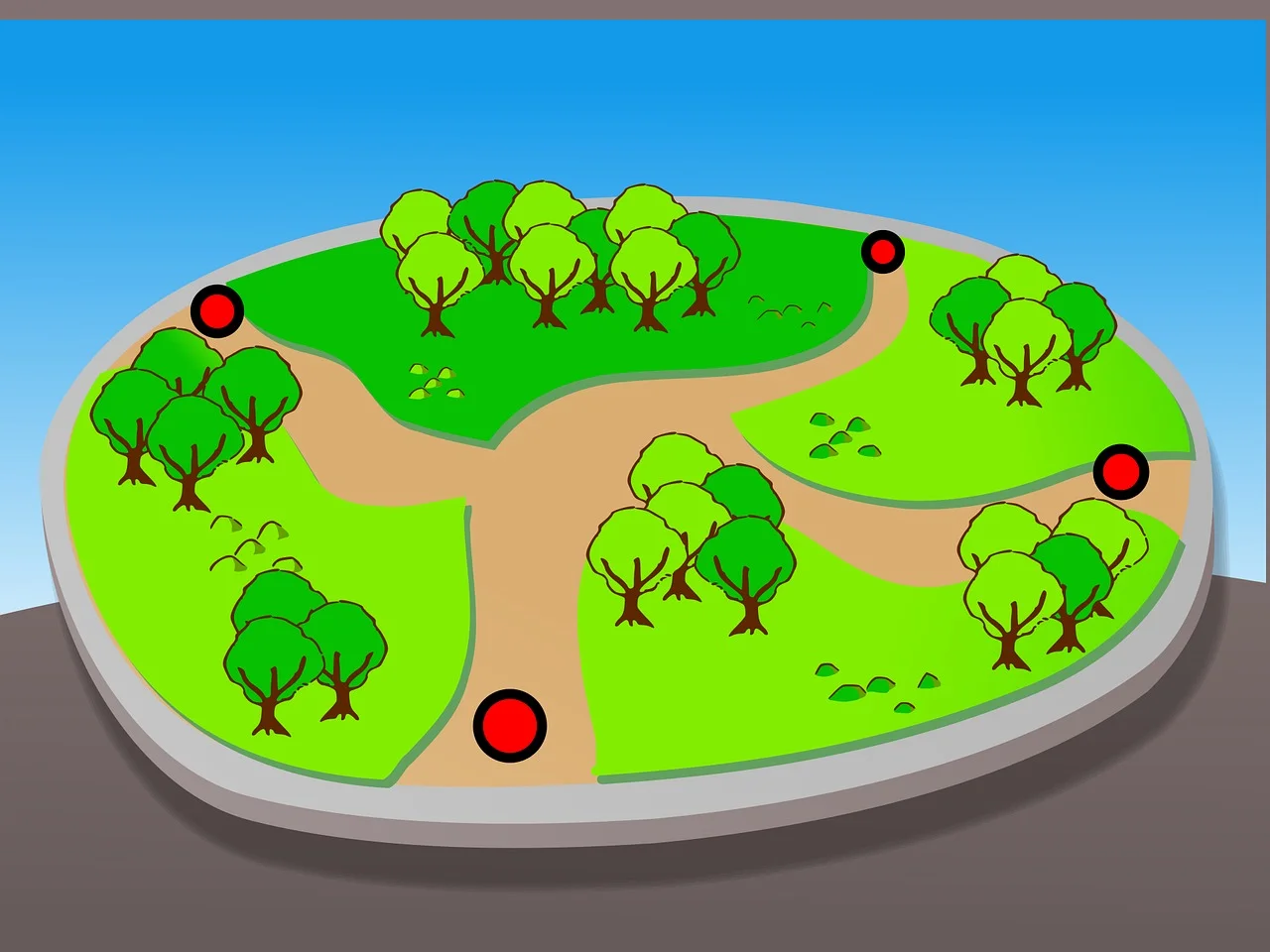 Serene Green Urban Park Layout with Winding Pathways and Lush Trees Clipart
