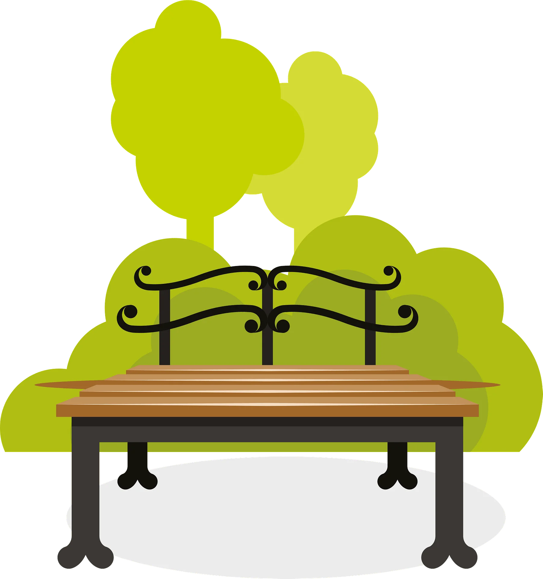 Serene Park Bench with Decorative Fence and Lush Green Trees Clipart Design