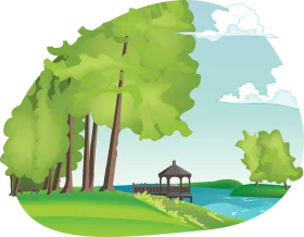 Serene Park Landscape Clipart with Gazebo by Tranquil Waterside