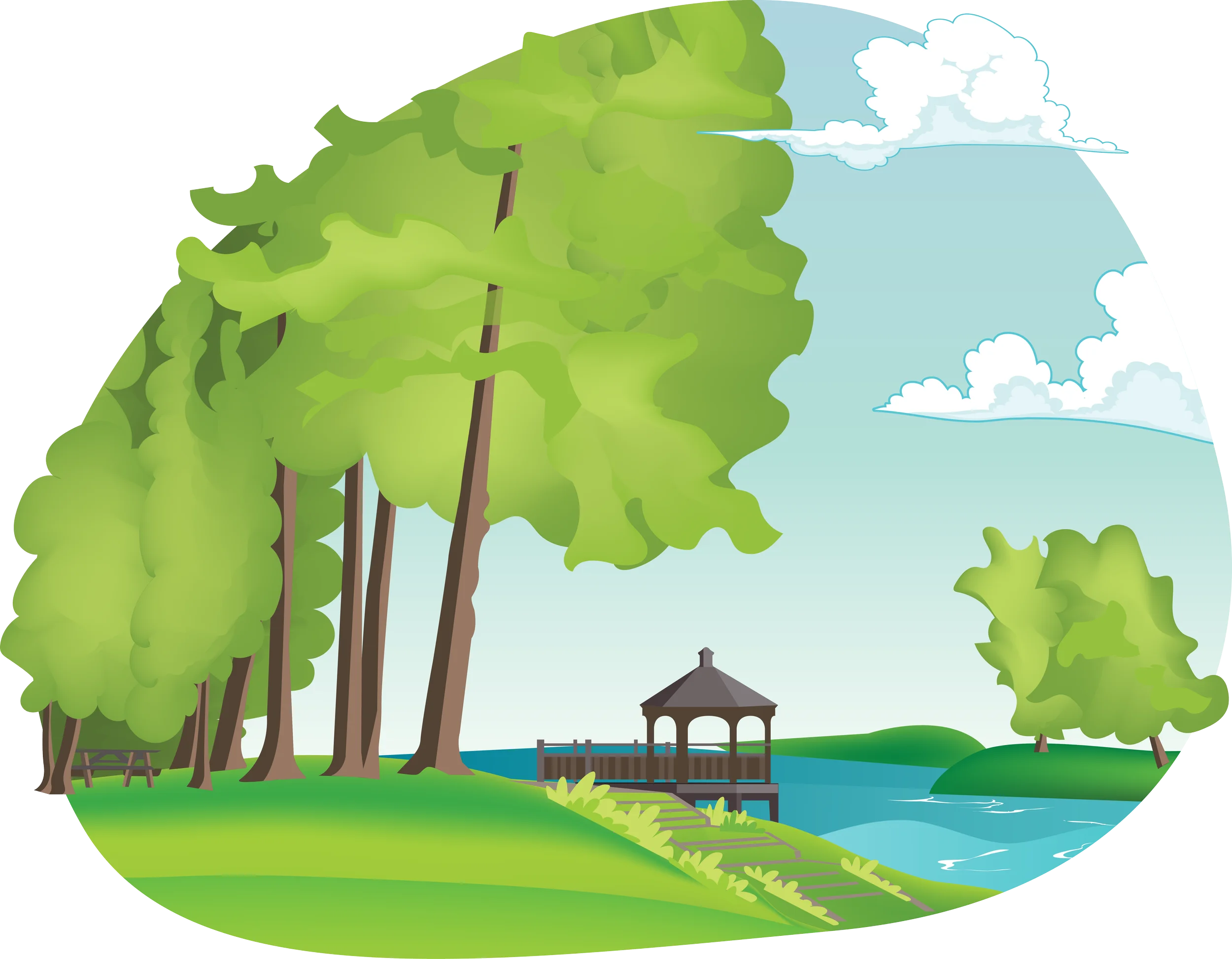 Serene Park Landscape Clipart with Gazebo by Tranquil Waterside