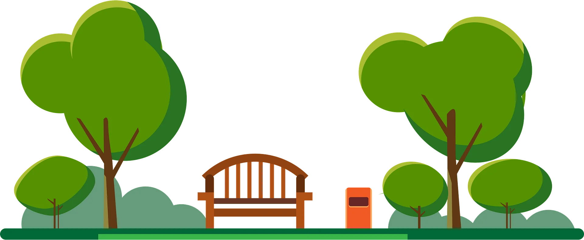 Serene Park Landscape Clipart with Wooden Bench and Green Trees