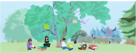 Serene Park Scene with Children Playing and Enjoying Nature's Gentle Clipart Landscape
