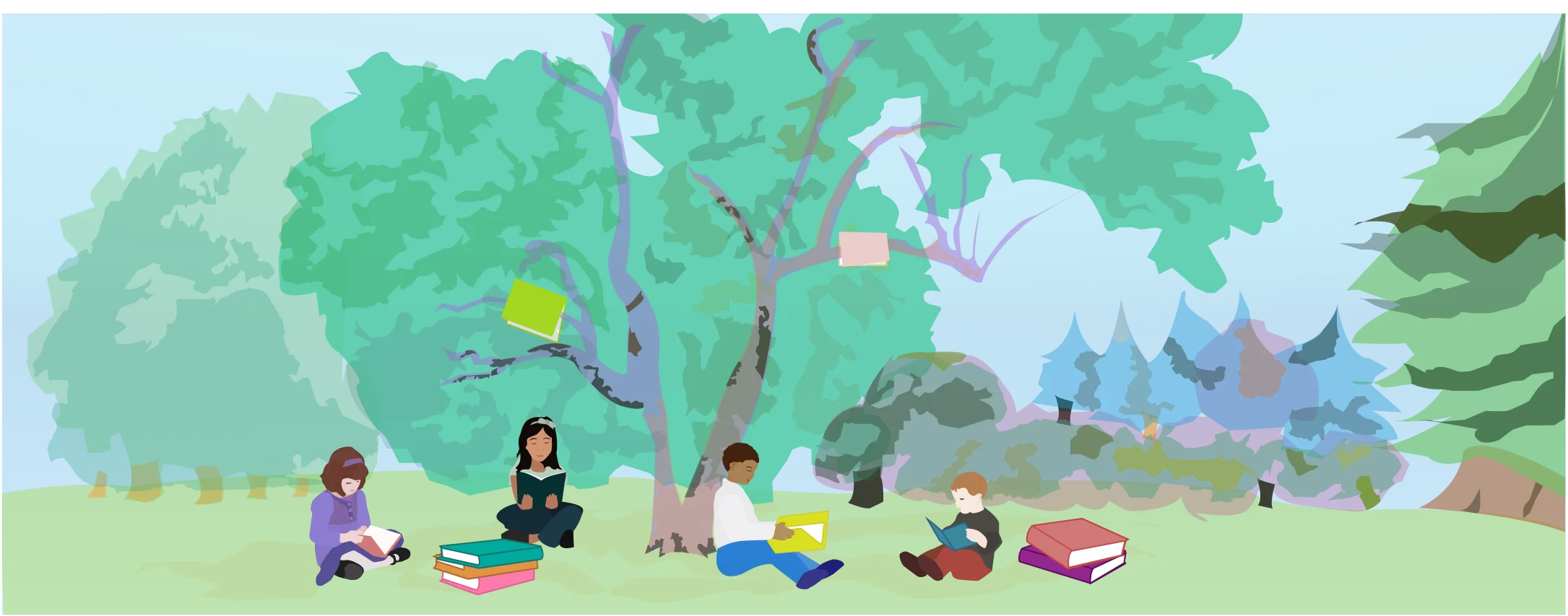 Serene Park Scene with Children Playing and Enjoying Nature's Gentle Clipart Landscape