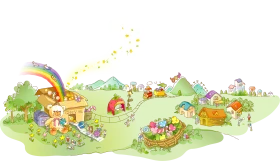 Whimsical Cartoon Park Scene with Playful Characters and Rainbow Clipart Landscape