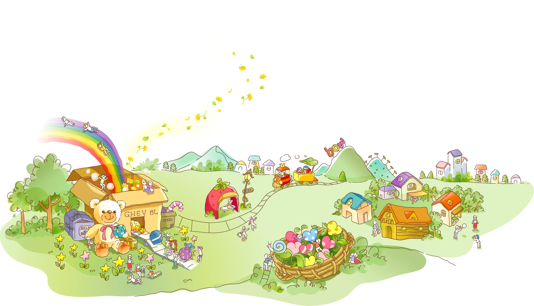 Whimsical Cartoon Park Scene with Playful Characters and Rainbow Clipart Landscape