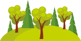 Whimsical Forest Park Landscape Clipart with Green Trees and Rolling Hills