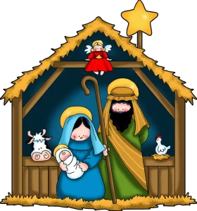 Adorable Cartoon Nativity Scene Clipart: Holy Family and Manger Characters