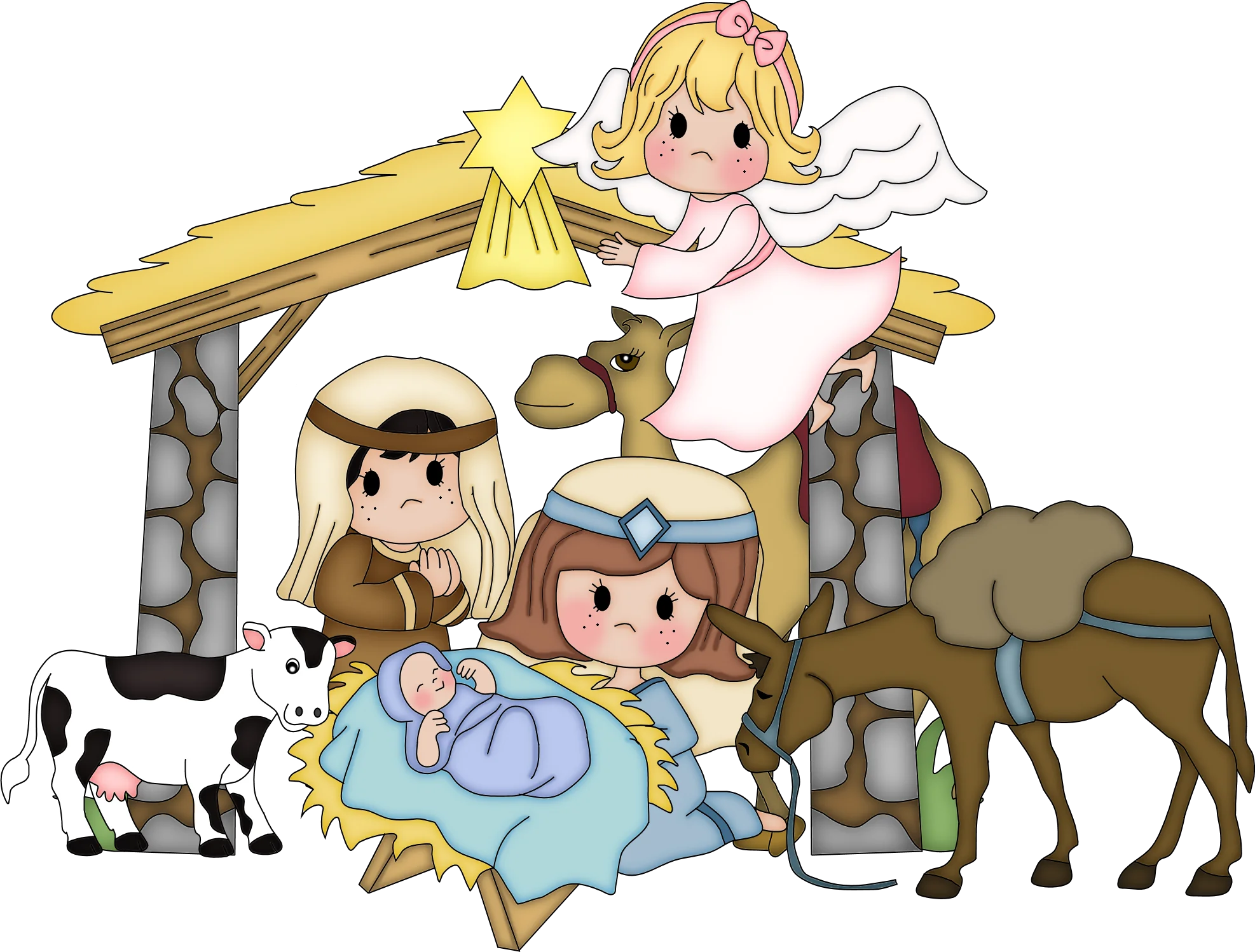 Adorable Cartoon Nativity Scene Clipart with Holy Family and Animals