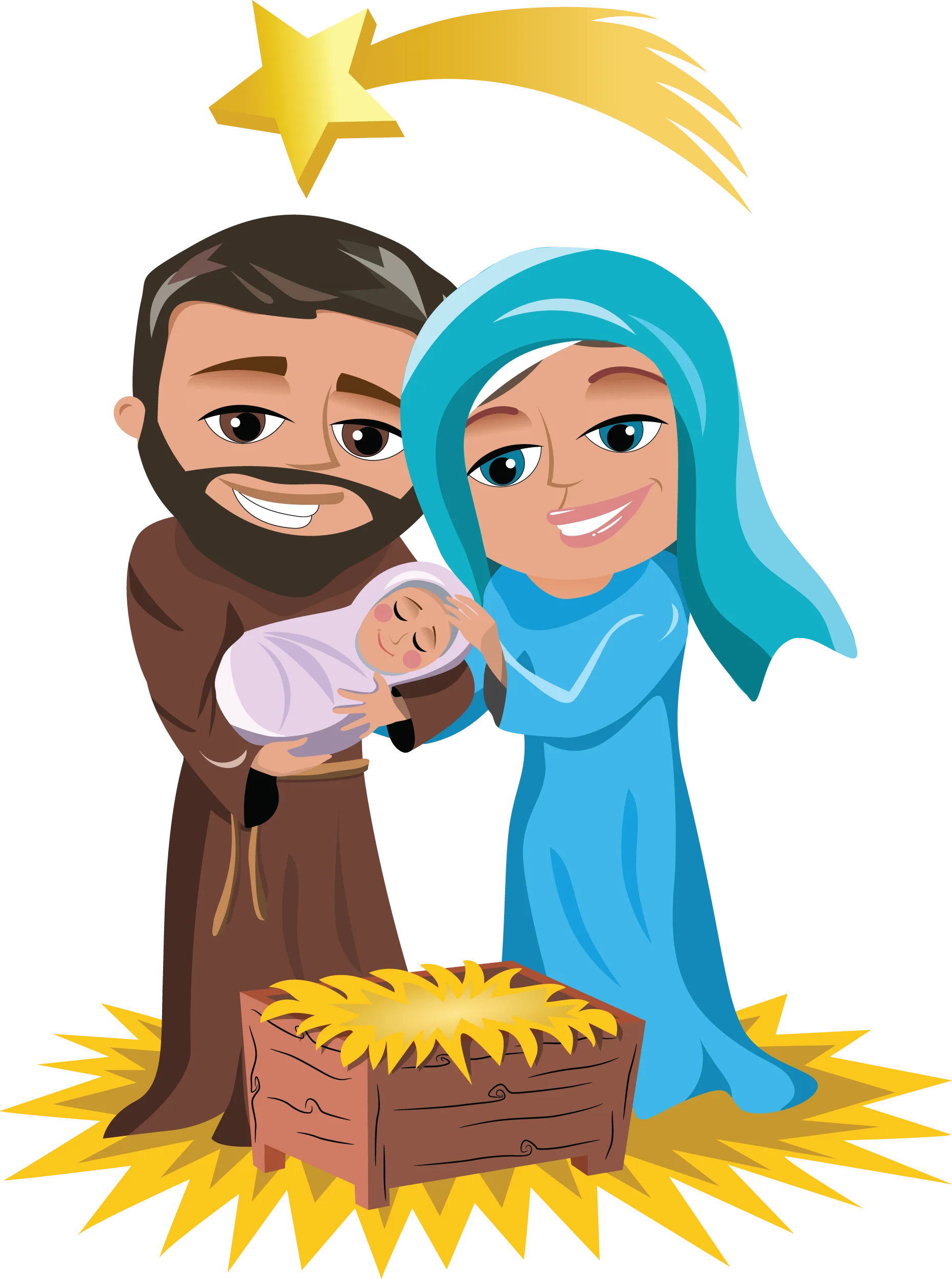 Adorable Cartoon Nativity Scene Clipart with Holy Family and Cozy Stable