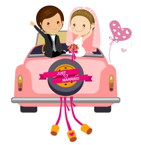 Adorable Just Married Couple in Pink Vintage Car Cartoon Clipart Illustration