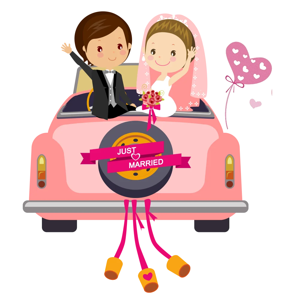Adorable Just Married Couple in Pink Vintage Car Cartoon Clipart Illustration