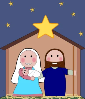 Adorable Nativity Scene Clipart Depicting Holy Family Under Starry Night