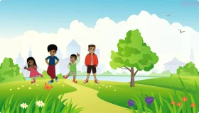 Cheerful Children Exploring Nature Park Scenic Clipart Illustration