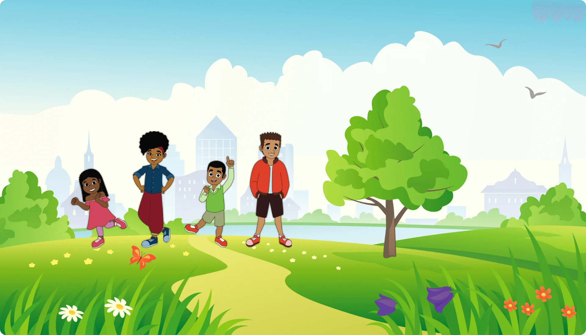 Cheerful Children Exploring Nature Park Scenic Clipart Illustration