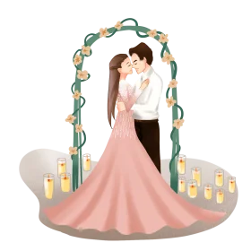 Elegant Wedding Moment Clipart: Romantic Embrace Under Floral Archway