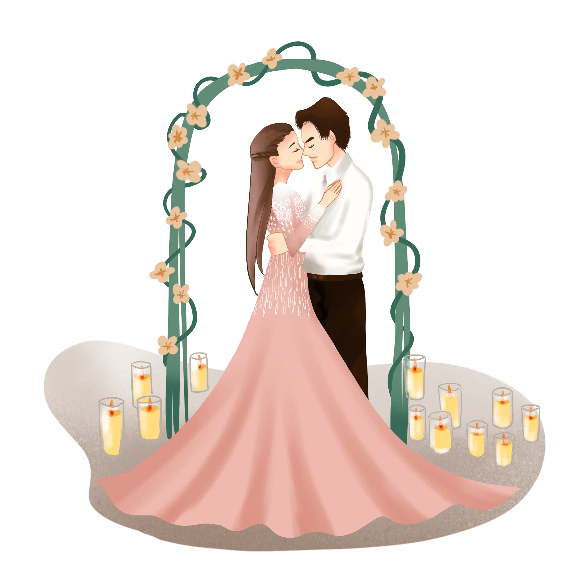 Elegant Wedding Moment Clipart: Romantic Embrace Under Floral Archway