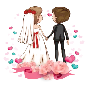 Romantic Wedding Clipart: Loving Couple Surrounded by Hearts and Soft Clouds