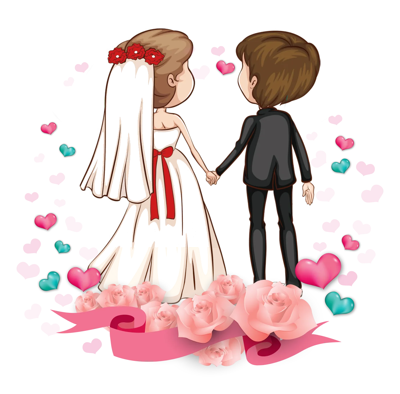 Romantic Wedding Clipart: Loving Couple Surrounded by Hearts and Soft Clouds