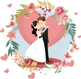 Romantic Wedding Couple Embracing in Floral Heart Frame Elegant Clipart Design