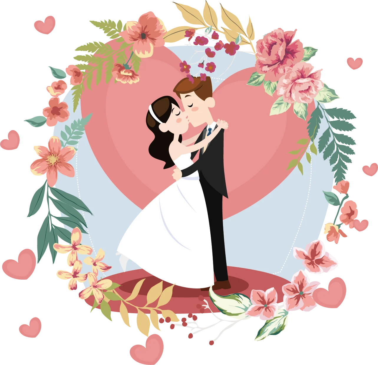 Romantic Wedding Couple Embracing in Floral Heart Frame Elegant Clipart Design
