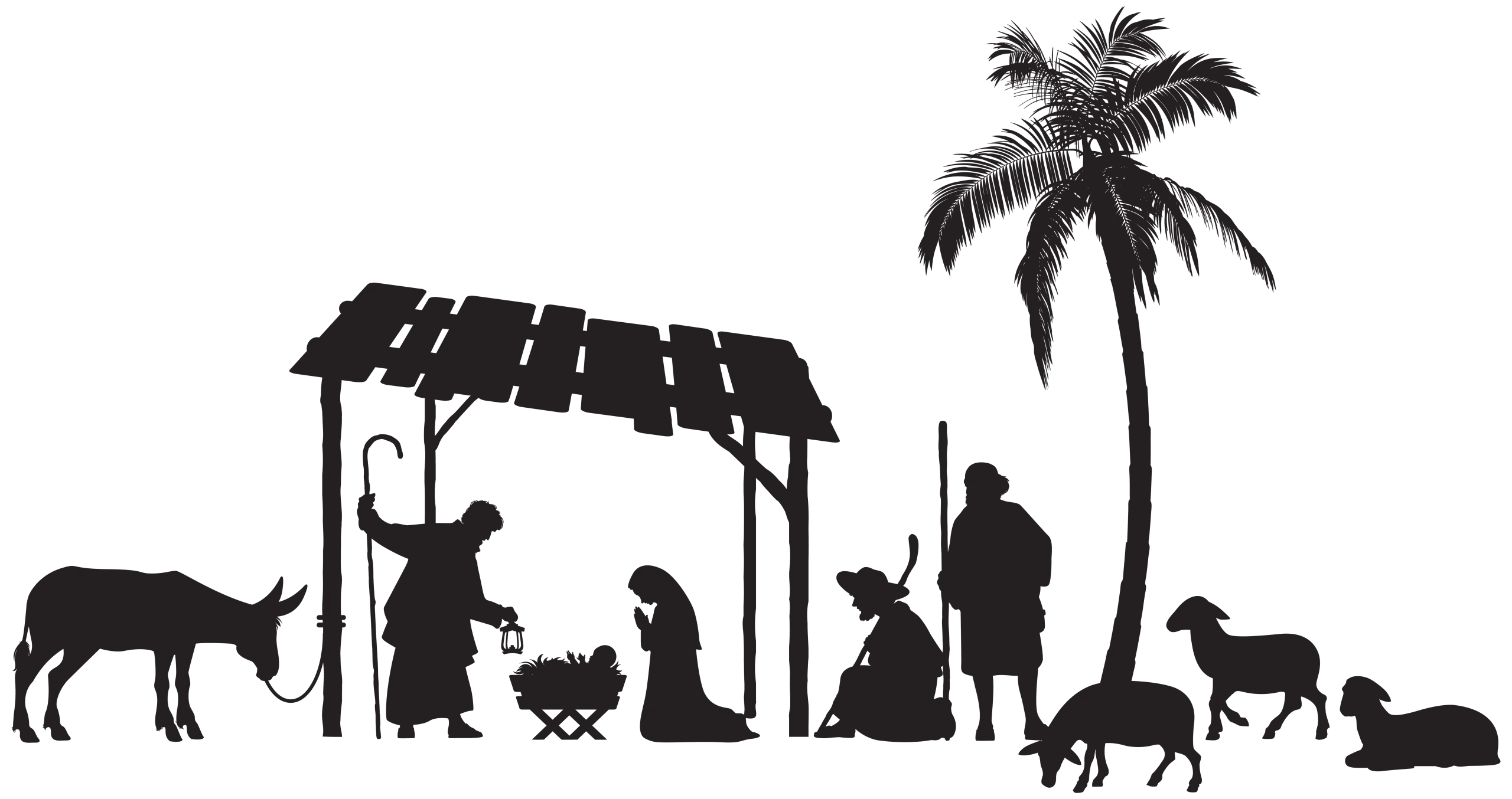 Serene Black and White Nativity Scene Clipart Silhouette Illustration