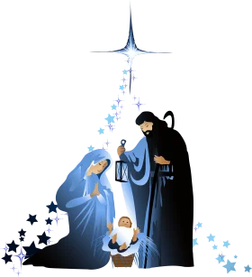 Serene Nativity Clipart Scene with Stylized Holy Family and Celestial Elements