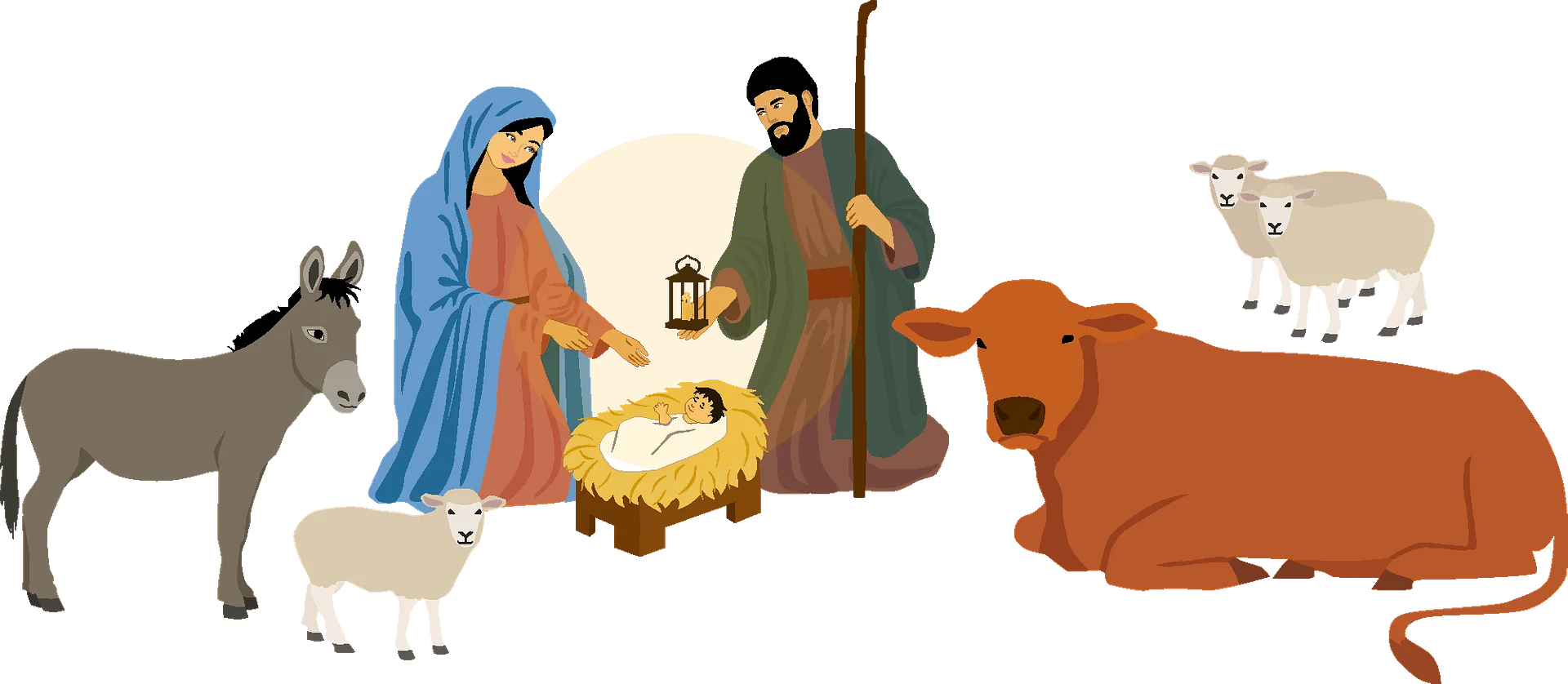 Serene Nativity Scene Clipart Depicting the Holy Family and Stable Animals