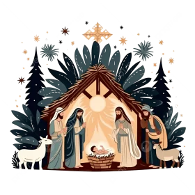 Serene Nativity Scene Clipart: Peaceful Christmas Manger Illustration