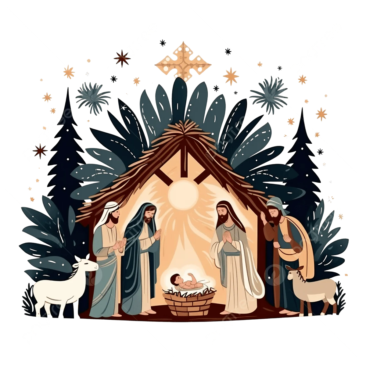 Serene Nativity Scene Clipart: Peaceful Christmas Manger Illustration