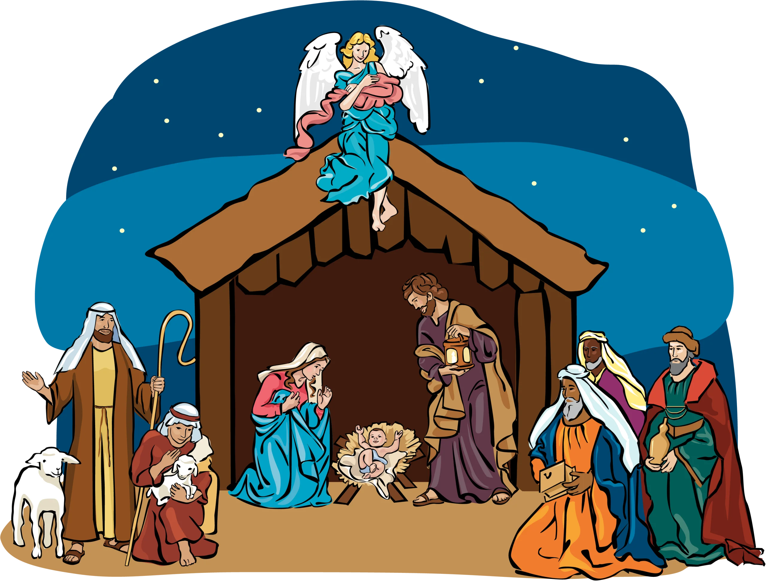 Serene Nativity Scene Clipart: The Holy Family and Wise Men Gathered