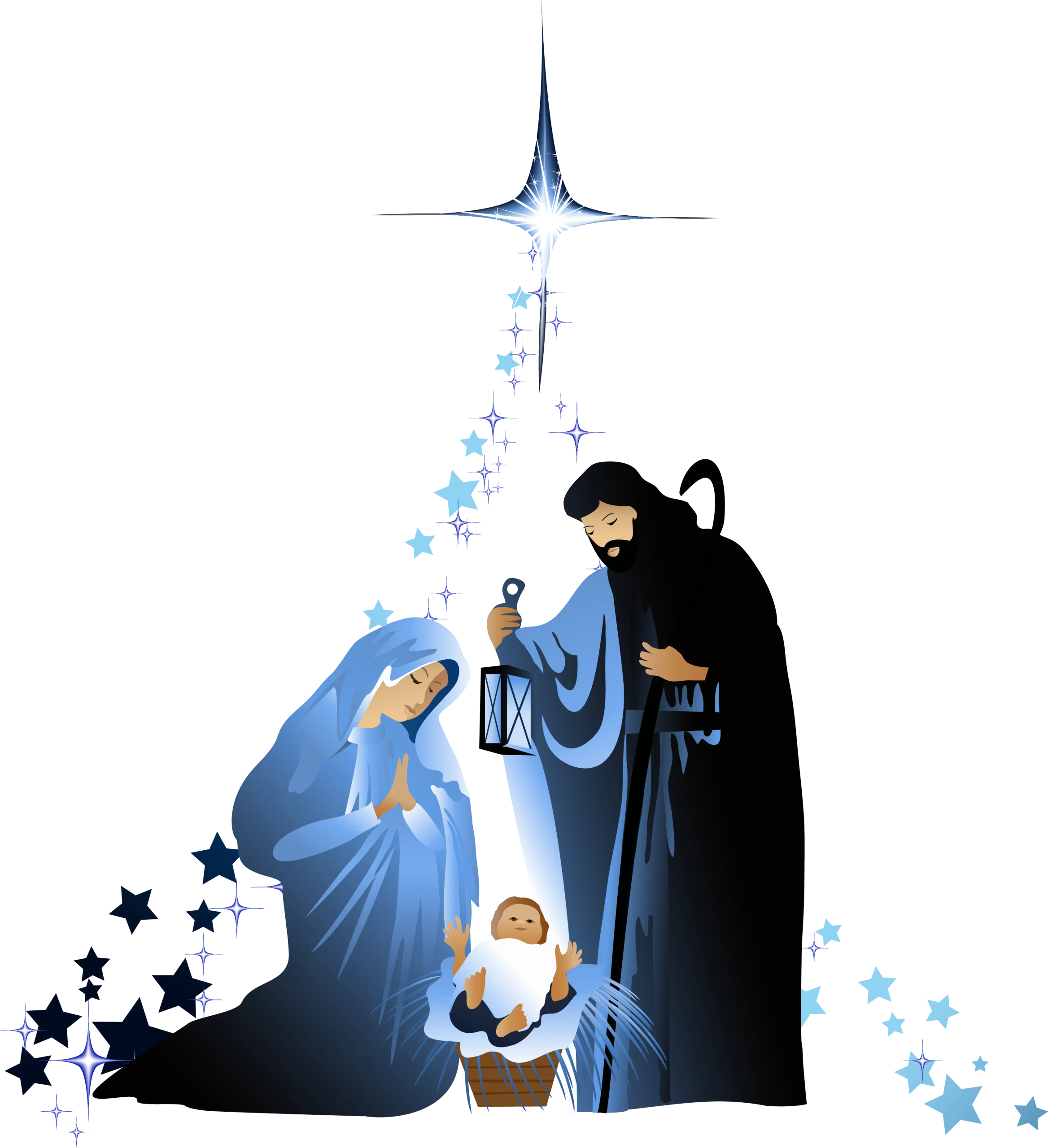 Serene Nativity Scene Clipart with Stylized Holy Family and Celestial Elements