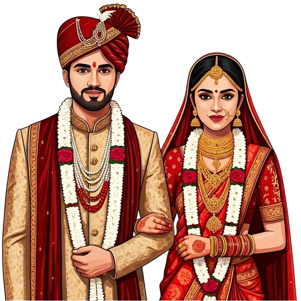 Traditional Indian Wedding Couple Clipart: Elegant Attire and Cultural Symbolism
