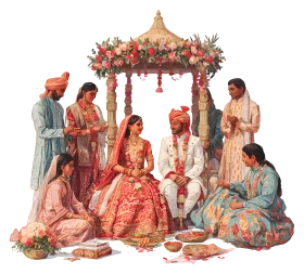 Traditional Indian Wedding Scene Elegant Ceremonial Clipart with Colorful Attire