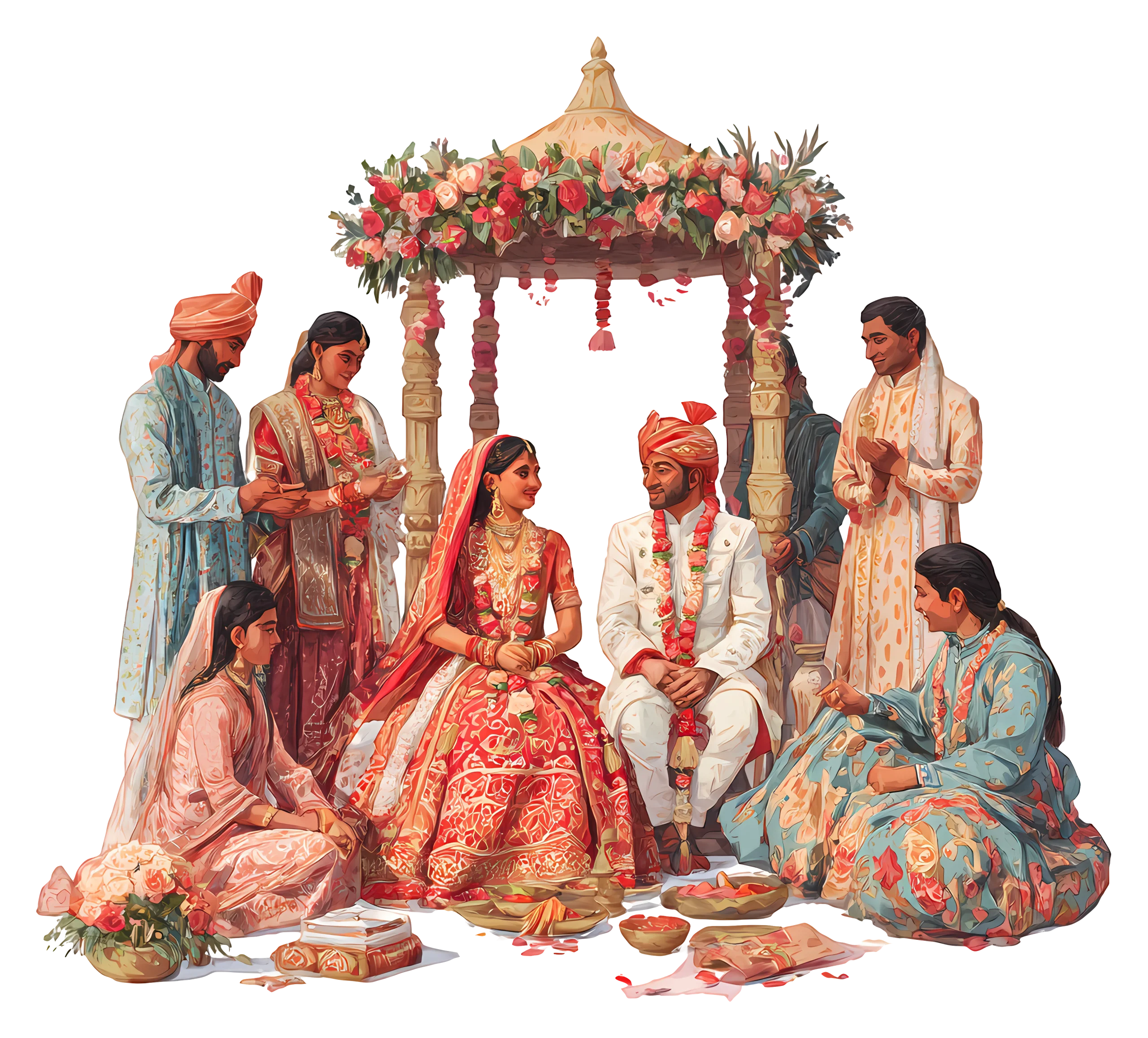 Traditional Indian Wedding Scene Elegant Ceremonial Clipart with Colorful Attire