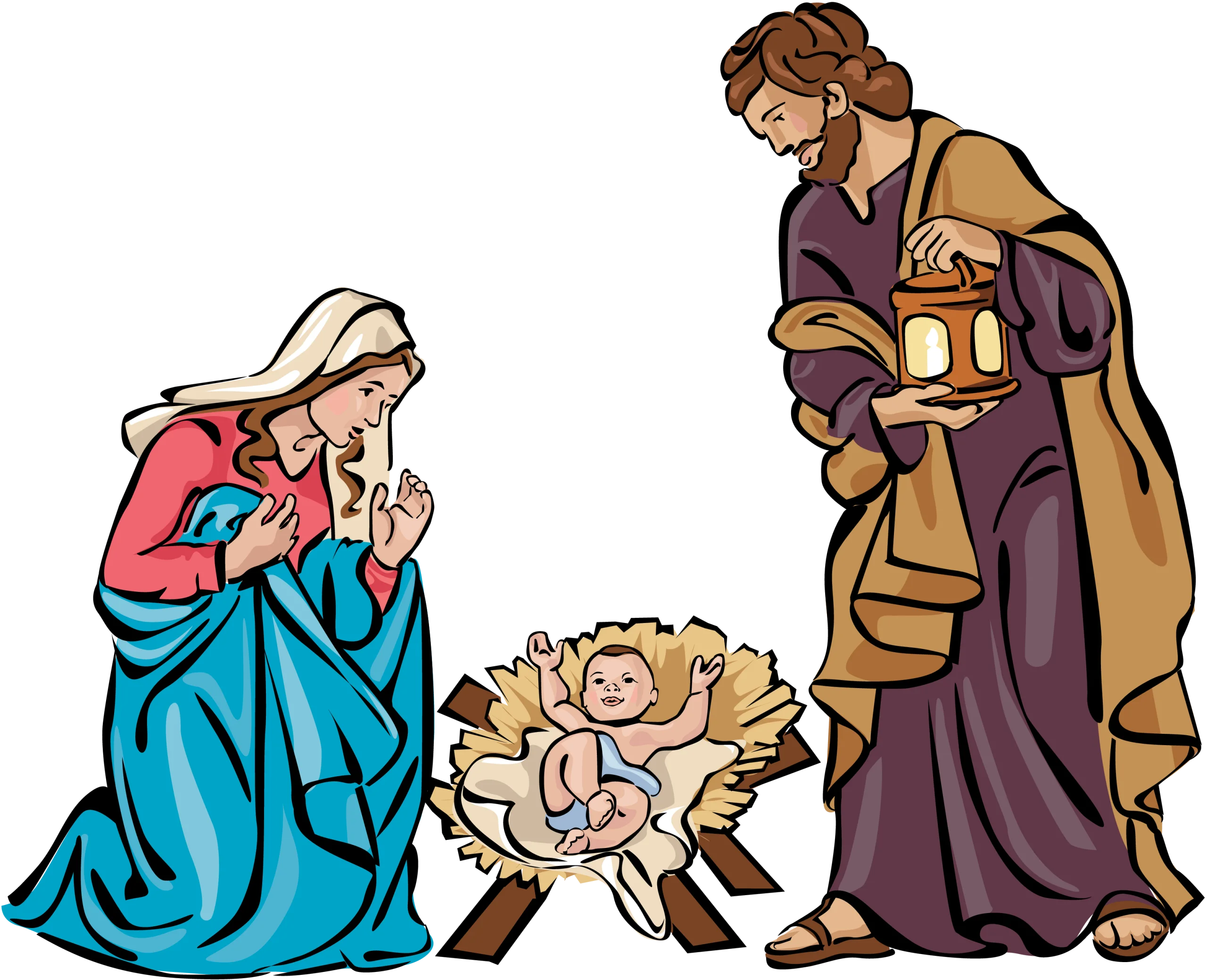 Traditional Nativity Scene Clipart: Holy Family Gathered Around Infant