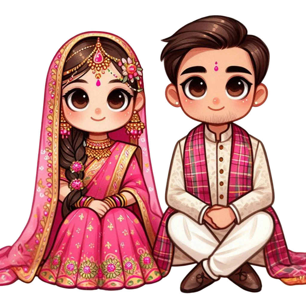 Traditional South Asian Wedding Couple Cartoon Clipart in Elegant Attire