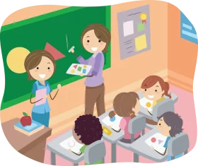 Cheerful Elementary Classroom Clipart: Interactive Learning Scene with Students