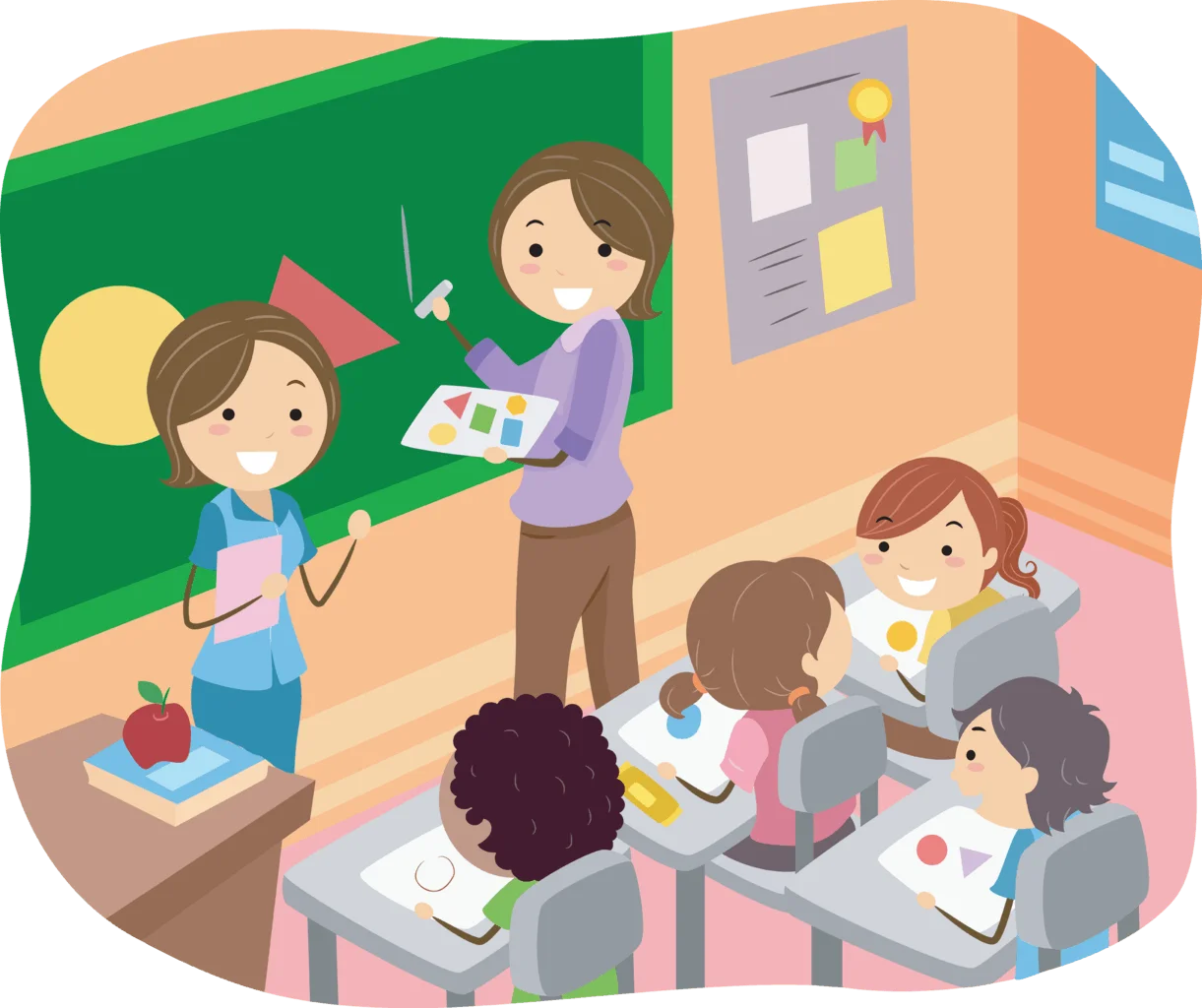 Cheerful Elementary Classroom Clipart: Interactive Learning Scene with Students