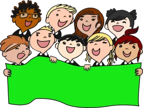 Cheerful School Children Holding Green Blank Banner Clipart Illustration