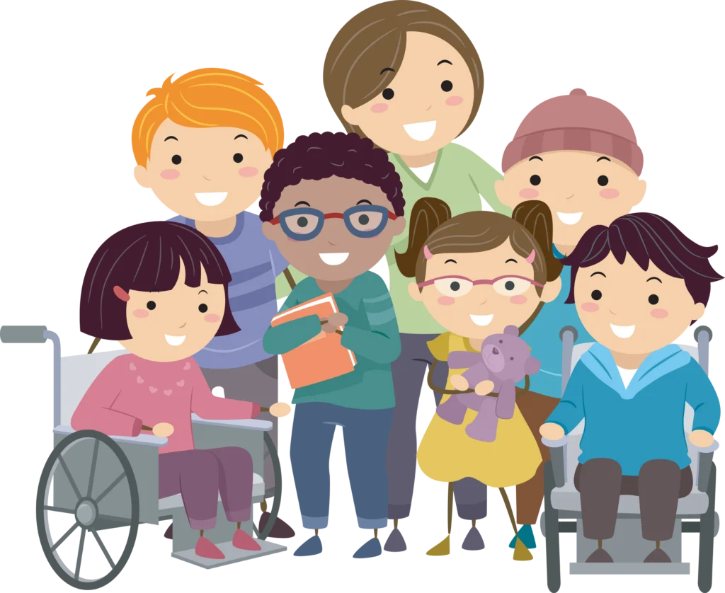 Diverse and Inclusive Children's Group Showcasing Friendship and Accessibility Clipart