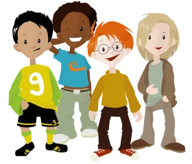 Diverse Group of Cheerful Children Standing Together in Playful Cartoon Clipart