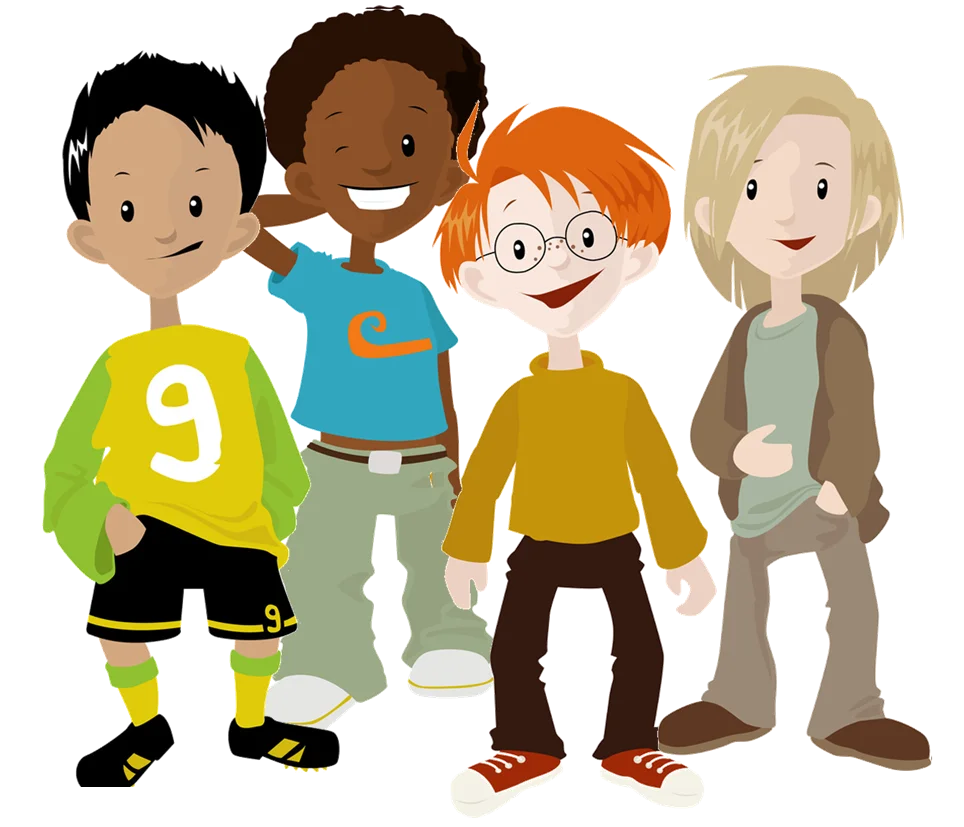 Diverse Group of Cheerful Children Standing Together in Playful Cartoon Clipart