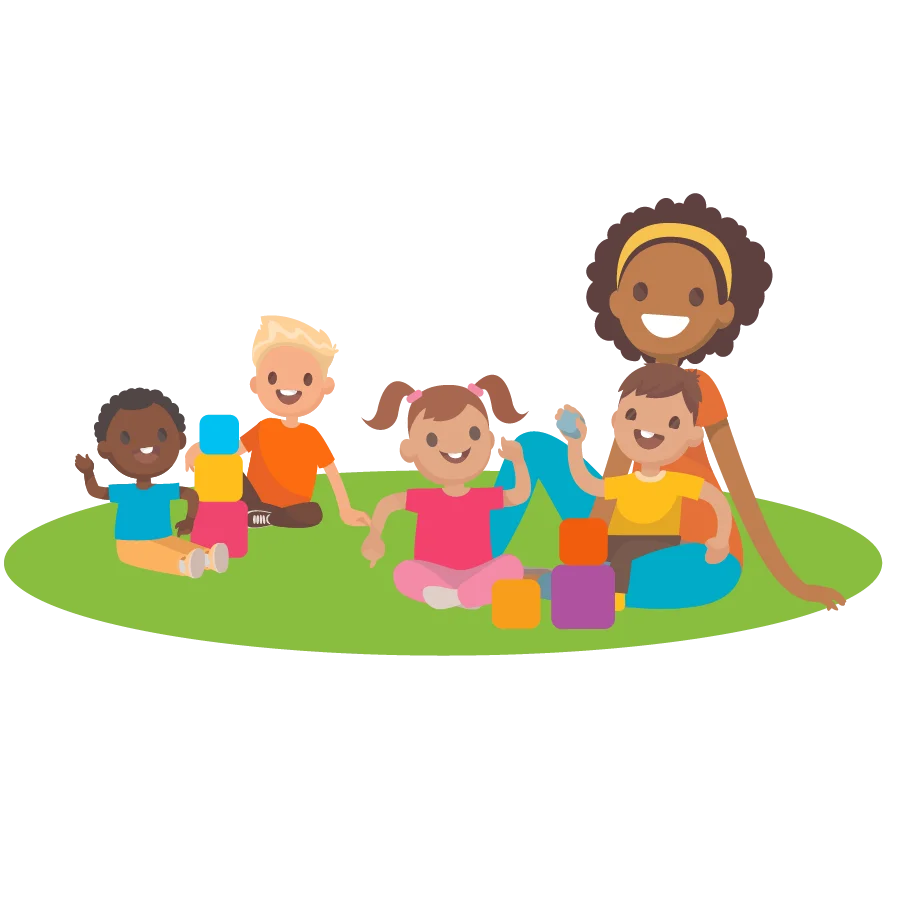 Diverse Preschool Children Playing Together on a Green Playground Clipart Scene