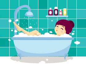 Cheerful Bathroom Scene Clipart: Relaxing Bubble Bath Moment with Playful Character