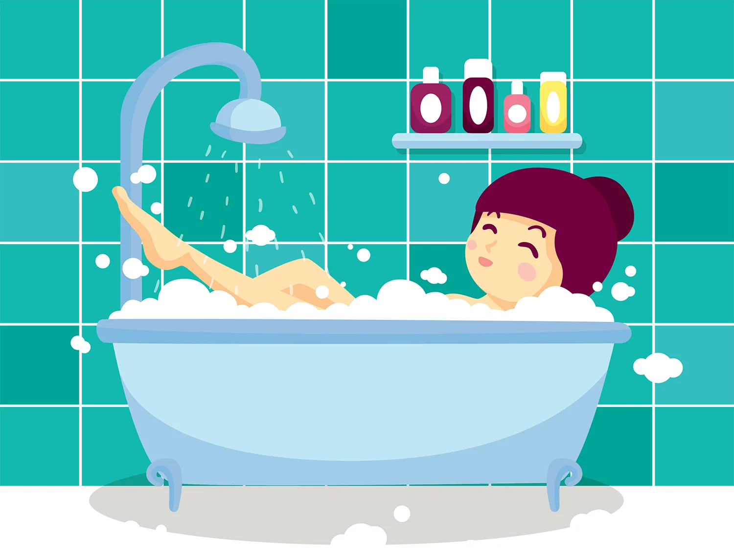 Cheerful Bathroom Scene Clipart: Relaxing Bubble Bath Moment with Playful Character