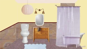 Cozy Pastel Bathroom Interior Design Clipart with Minimalist Furniture Elements