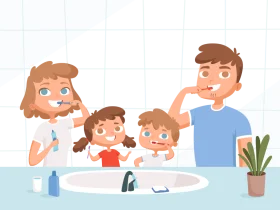 Family Bathroom Routine Clipart: Dental Hygiene and Morning Grooming Illustration