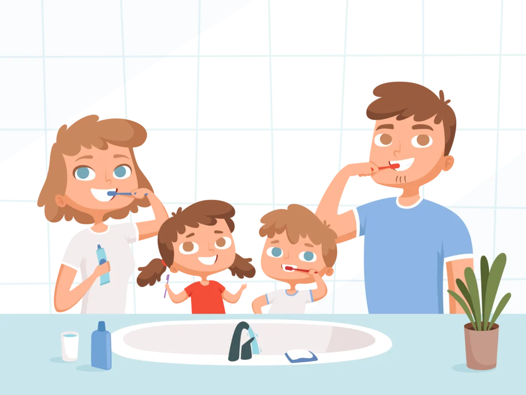 Family Bathroom Routine Clipart: Dental Hygiene and Morning Grooming Illustration
