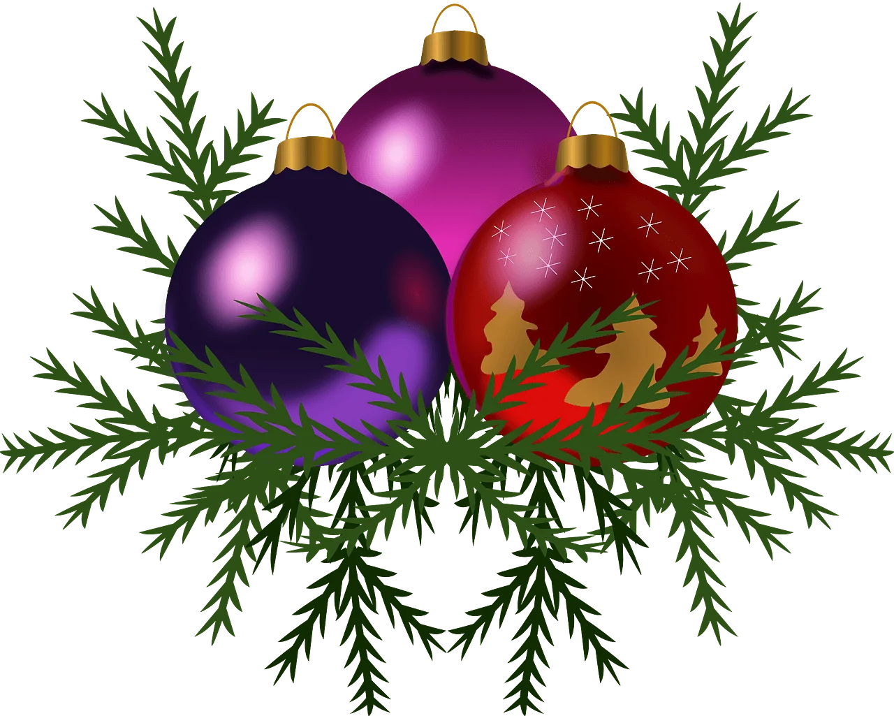 Festive Christmas Ornament Clipart with Pine Branches and Glossy Baubles